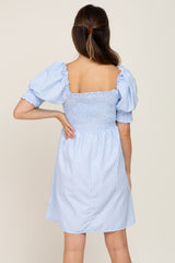 Blue Striped Smocked Puff Sleeve Maternity Dress