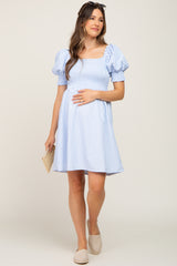 Blue Striped Smocked Puff Sleeve Maternity Dress