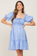 Blue Puff Sleeve Ruffle Tiered Maternity Dress