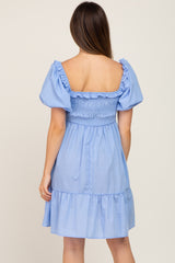 Blue Puff Sleeve Ruffle Tiered Maternity Dress