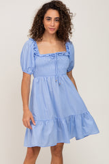 Blue Puff Sleeve Ruffle Tiered Maternity Dress