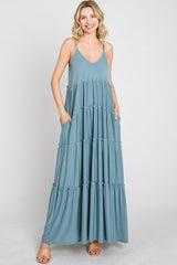 Blue Sleeveless Tiered Maxi Dress