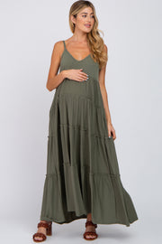 Olive Sleeveless Tiered Maternity Maxi Dress