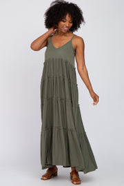 Olive Sleeveless Tiered Maxi Dress