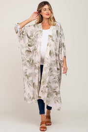 Beige Palm Print Tie Sleeve Maternity Cover Up