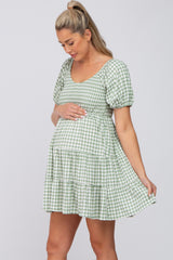 Green Gingham Smocked Tiered Maternity Dress