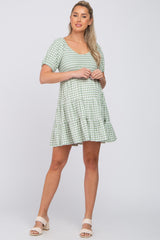 Green Gingham Smocked Tiered Maternity Dress