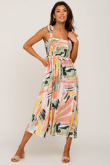 Multi-Colored Brush Stroke Printed Tie Strap Smocked Midi Dress