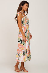 Multi-Colored Brush Stroke Printed Tie Strap Smocked Midi Dress