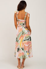 Multi-Colored Brush Stroke Printed Tie Strap Smocked Midi Dress