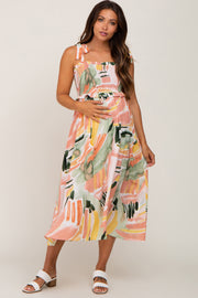 Multi-Colored Brush Stroke Printed Tie Strap Smocked Maternity Midi Dress