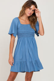 Blue Smocked Back Tie Dress