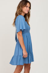 Blue Smocked Back Tie Dress