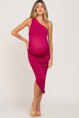 Magenta One Shoulder Ruched Maternity Midi Dress