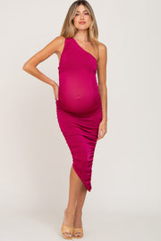 Magenta One Shoulder Ruched Maternity Midi Dress