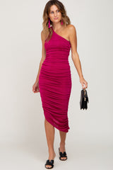 Magenta One Shoulder Ruched Midi Dress