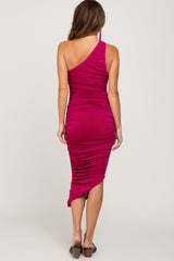 Magenta One Shoulder Ruched Midi Dress