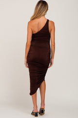 Brown One Shoulder Ruched Maternity Midi Dress