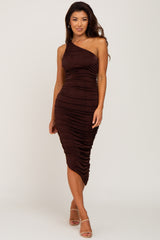 Brown One Shoulder Ruched Midi Dress