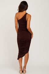 Brown One Shoulder Ruched Midi Dress