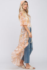 Beige Floral Chiffon Front Tie Ruffle Hi-Low Cover Up