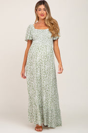 Green Leaf Print Smocked Maternity Maxi Dress