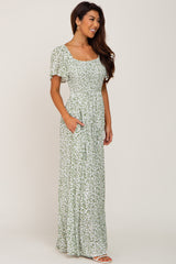 Green Leaf Print Smocked Maxi Dress