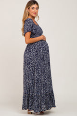 Navy Leaf Print Smocked Maternity Maxi Dress