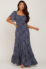 Navy Leaf Print Smocked Maxi Dress