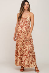 Taupe Tropical Floral Back Tie Tiered Maternity Maxi Dress