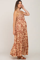 Taupe Tropical Floral Back Tie Tiered Maternity Maxi Dress