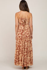 Taupe Tropical Floral Back Tie Tiered Maternity Maxi Dress