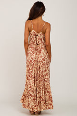 Taupe Tropical Floral Back Tie Tiered Maxi Dress