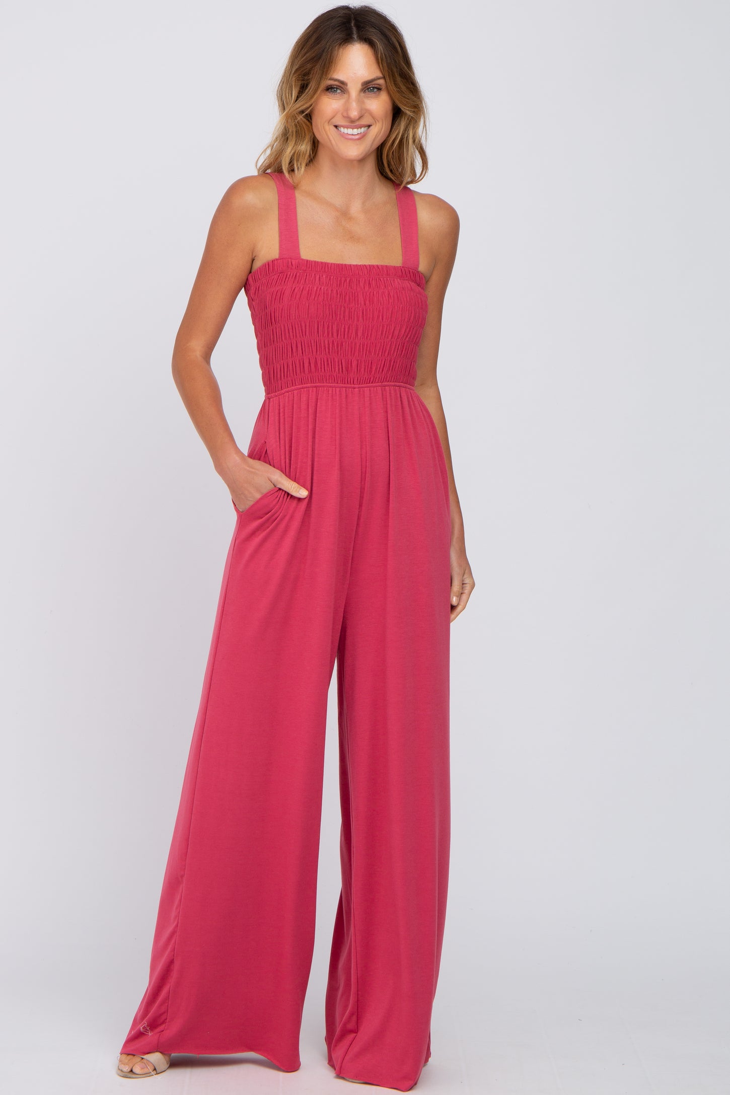 Women Pink Sleeveless Wide Leg Jumpsuit