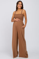 Camel Sleeveless Smocked Wide Leg Maternity Jumpsuit