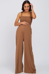 Camel Sleeveless Smocked Wide Leg Maternity Jumpsuit