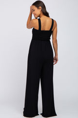 Black Sleeveless Smocked Wide Leg Maternity Jumpsuit