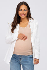 Ivory Frayed Hem Button Down Maternity Top