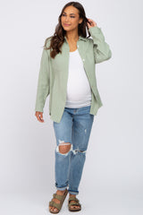 Light Olive Frayed Hem Button Down Maternity Top