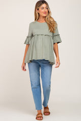 Light Olive Ruffle Accent Babydoll Maternity Top