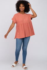 Rust Ribbed Button Front Top