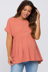 Rust Ribbed Button Front Maternity Top