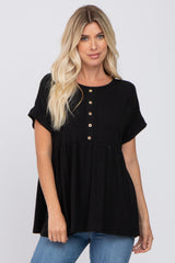 Black Ribbed Button Front Top