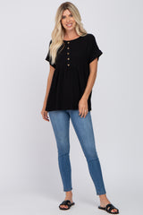 Black Ribbed Button Front Top