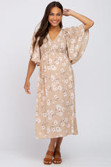 Taupe Floral Smocked Maternity Midi Dress