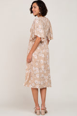 Taupe Floral Smocked Midi Dress