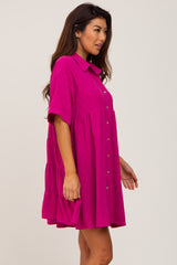 Magenta Button Up Cuff Sleeve Dress