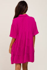 Magenta Button Up Cuff Sleeve Dress