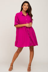 Magenta Button Up Cuff Sleeve Dress