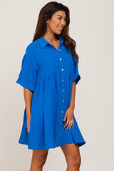 Royal Blue Button Up Cuff Sleeve Dress